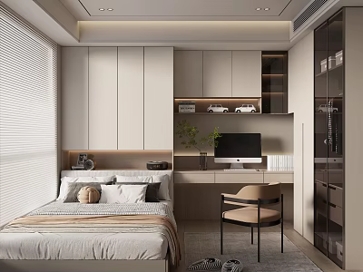 Modern Tatami Bedroom Interior Design With Storage Cabinets Desk Chair And Potted Plant 3d model