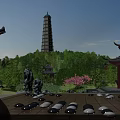 Traditional Chinese Garden Landscape with Pagoda Tower Pavilion Green Trees and Rockery Stones