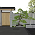 Modern Garden Feature Wall Design With Pine Tree Water Feature And Lighting 3d model
