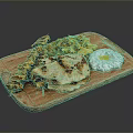 Tasty Grilled Chicken Skewers with Flatbread French Fries Fried Egg and Rice on Wooden Platter