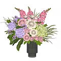 Decorative Flower Arrangement in Vase with Pink Roses Purple Hydrangeas and Green Leaves