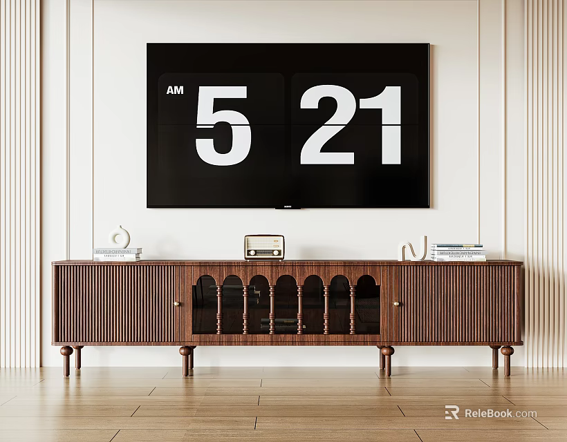 Modern Wooden TV Stand with Arched Glass Doors Vertical Slats and Digital TV Screen 3d model 