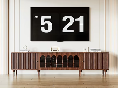 Modern Wooden TV Stand with Arched Glass Doors Vertical Slats and Digital TV Screen 3d model