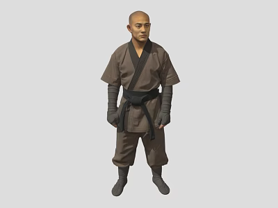 Man in Brown Martial Arts Uniform with Black Belt Standing on Grey Background 3d model