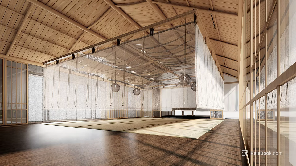 Spacious Fitness Studio With Wooden Ceiling Hanging White Curtains And Wooden Floor 3d model 