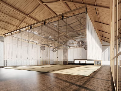 Spacious Fitness Studio With Wooden Ceiling Hanging White Curtains And Wooden Floor 3d model