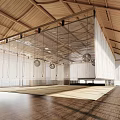 Spacious Fitness Studio With Wooden Ceiling Hanging White Curtains And Wooden Floor