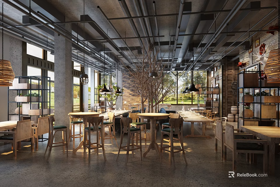 Modern Industrial Restaurant Interior Design With Wooden Tables Large Windows And Pendant Lights 3d model 