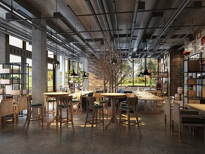 Modern Industrial Restaurant Interior Design With Wooden Tables Large Windows And Pendant Lights 3d model