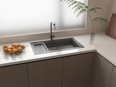 Modern Kitchen Countertop With Gray Sink Faucet Glass Bowl Of Oranges And Wooden Cabinets 3d model