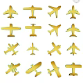 Golden Passenger Plane Silhouettes on Black Background with Various Directions Angles and Grid Arrangement