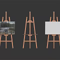 Three Wooden Easels Furniture with One Painting and Two Empty Canvases in Modern Interior Setup
