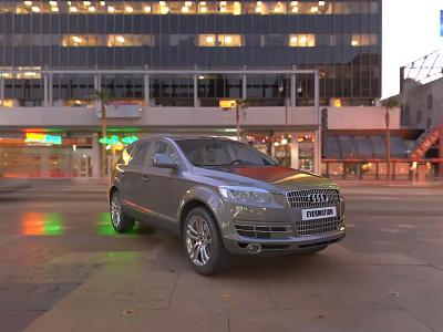 Silver Audi SUV Parked On City Street With Tall Buildings And Neon Lights 3d model