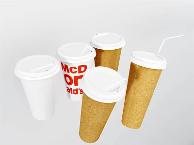 Paper Cups With Lids Straw White And Brown Printed Design For Daily Use 3d model