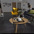 Minimalist White Teapot With Black Tray On Light Colored Round Wooden Table