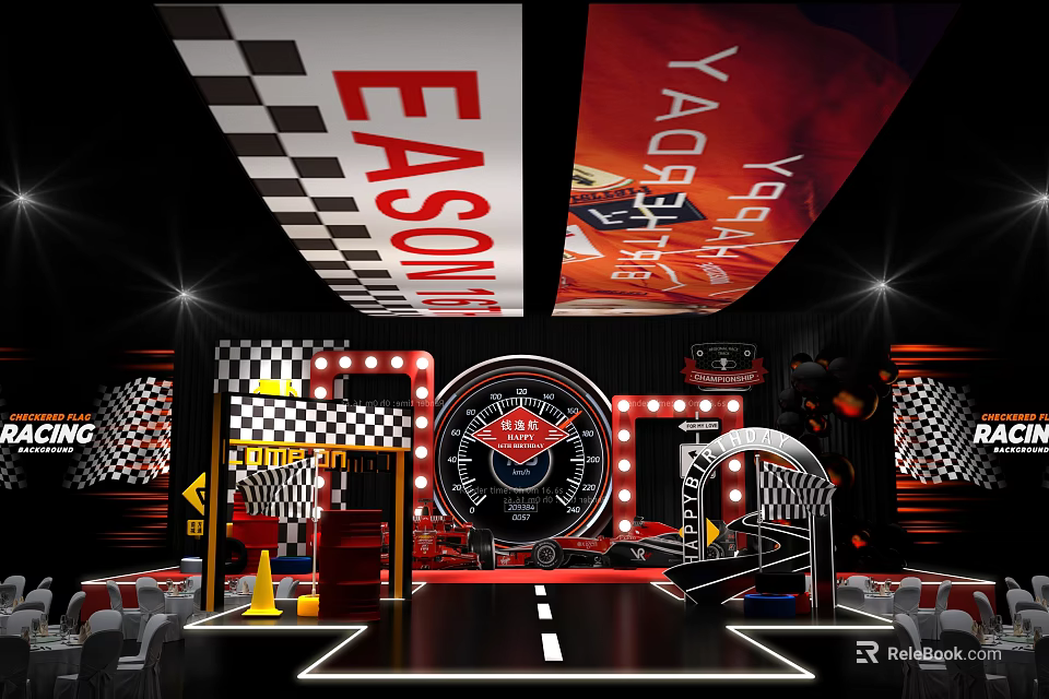 Racing Themed Stage With Checkered Pattern Speedometer Centerpiece Red Black Lighting And Track Elements 3d model