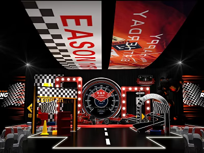 Racing Themed Stage With Checkered Pattern Speedometer Centerpiece Red Black Lighting And Track Elements 3d model