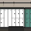 White And Green Lockers With Numbered Compartments Black Shelf And Wooden Bench