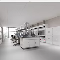 Modern Laboratory Interior With Spacious Workbench Glass Door Cabinets And Fume Hoods