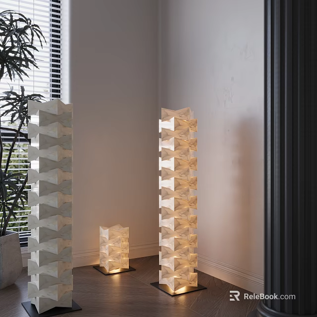 Three Stacked Cube Floor Lamps In Living Room Corner With Potted Plant And Natural Light 3d model 