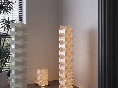 Three Stacked Cube Floor Lamps In Living Room Corner With Potted Plant And Natural Light 3d model
