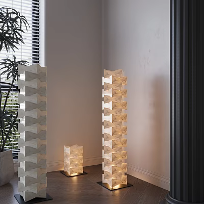 Three Stacked Cube Floor Lamps In Living Room Corner With Potted Plant And Natural Light 3d model