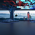 Chinese Landscape with Illuminated Trees Stone Pillars and Mountain View 3d model