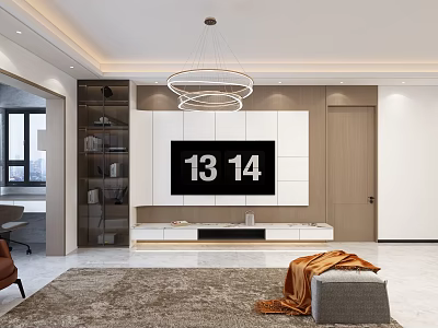 Modern Living and Dining Room Interior Design With TV Wall Chandelier and Area Rug 3d model
