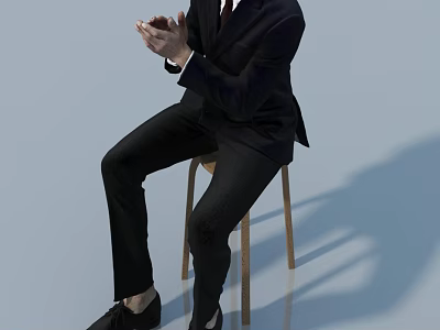 Man in Black Suit Sitting on Wooden Chair Holding Something Against Light Blue Background 3d model