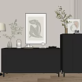 Elegant Modern Entryway Cabinet And Sideboard With Decorative Painting Potted Plants And Table Lamp