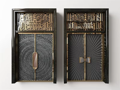 Ornate Double Doors With Metal Frame Geometric Patterns And Brass Handles 3d model
