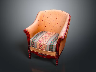 Vintage Style Armchair With Peach Upholstery Wooden Arms And Floral Striped Seat Cushion 3d model