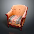 Vintage Style Armchair With Peach Upholstery Wooden Arms And Floral Striped Seat Cushion