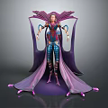 Game Movie Character In Blue Purple Outfit With Purple Cape Ornate Metallic Design Standing Pose