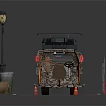 Parked Modified Vehicle With Camouflage Design Street Lamp Barriers Traffic Cones And Green Light