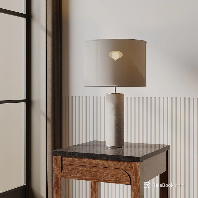 Modern Table Lamp With Cylindrical Base On Wooden Nightstand Black Top Vertical Striped Wall 3d model 