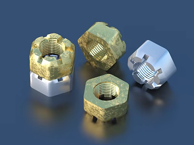 Golden And Silver Hexagonal Metal Nuts With Threaded Surfaces On Dark Background 3d model