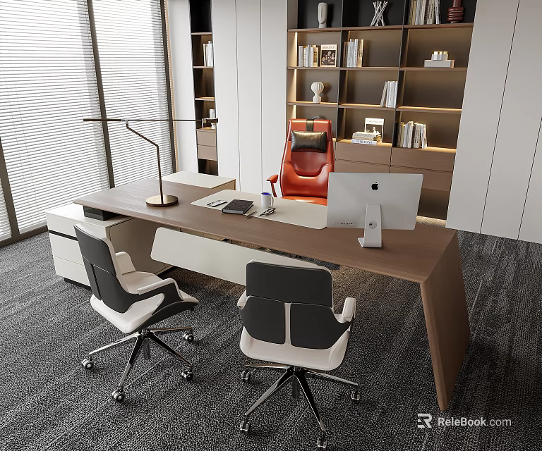 Modern Office Interior With Wooden Desk Office Chairs Bookshelf And Decorations 3d model 