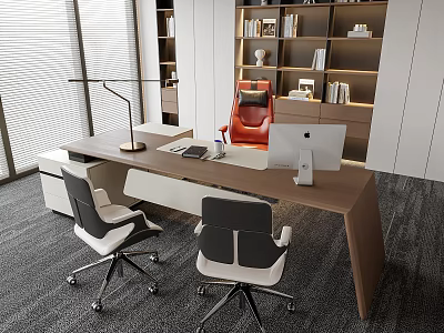 Modern Office Interior With Wooden Desk Office Chairs Bookshelf And Decorations 3d model