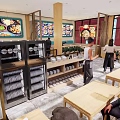 Modern Restaurant Interior With Customers Dining Staff Service And Decorative Lighting