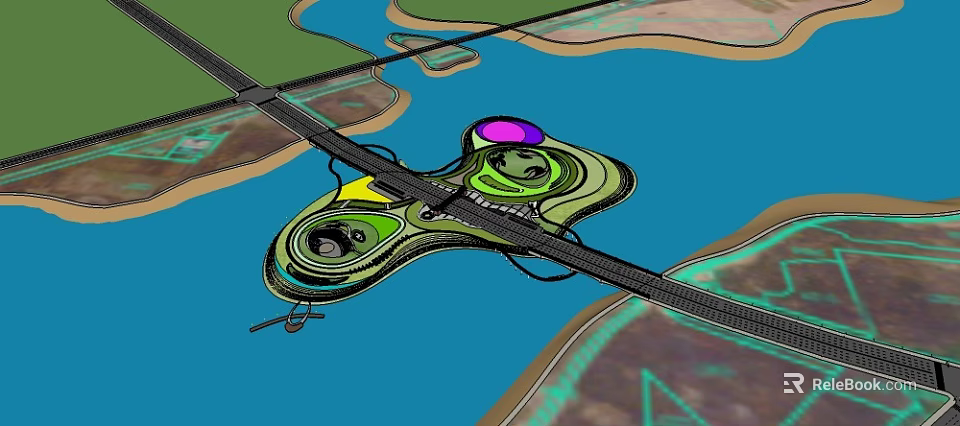 Waterfront Landscape Design with Green Islands Walking Paths and Colorful Zones 3d model 