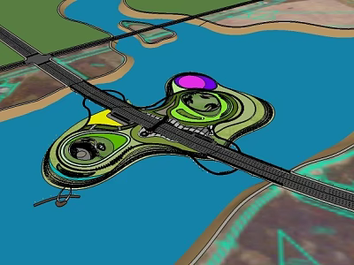 Waterfront Landscape Design with Green Islands Walking Paths and Colorful Zones 3d model