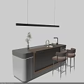 Modern Kitchen Island With Dark Countertop Bar Stools And Hanging Light