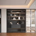 Modern Decorative Cabinet With Metal Frame Glass Doors Showcasing Tableware Wine Bottles And Books