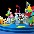 Colorful Children Stage Design With Castle Structure Balloons Pinwheel And Cartoon Decorations