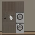 Modern Stacked Washing Machines In Wooden Cabinet With Laundry Shelves And Towels