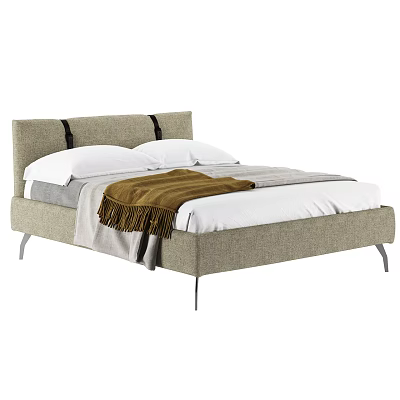 Modern Upholstered Double Bed With Black Accent Strips White Pillows And Brown Fringed Throw 3d model