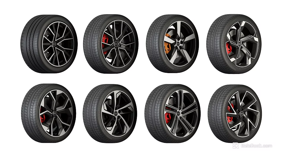 Multiple Stylish Car Tires With Modern Alloy Wheels And Red Brake Calipers 3d model 