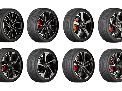 Multiple Stylish Car Tires With Modern Alloy Wheels And Red Brake Calipers 3d model