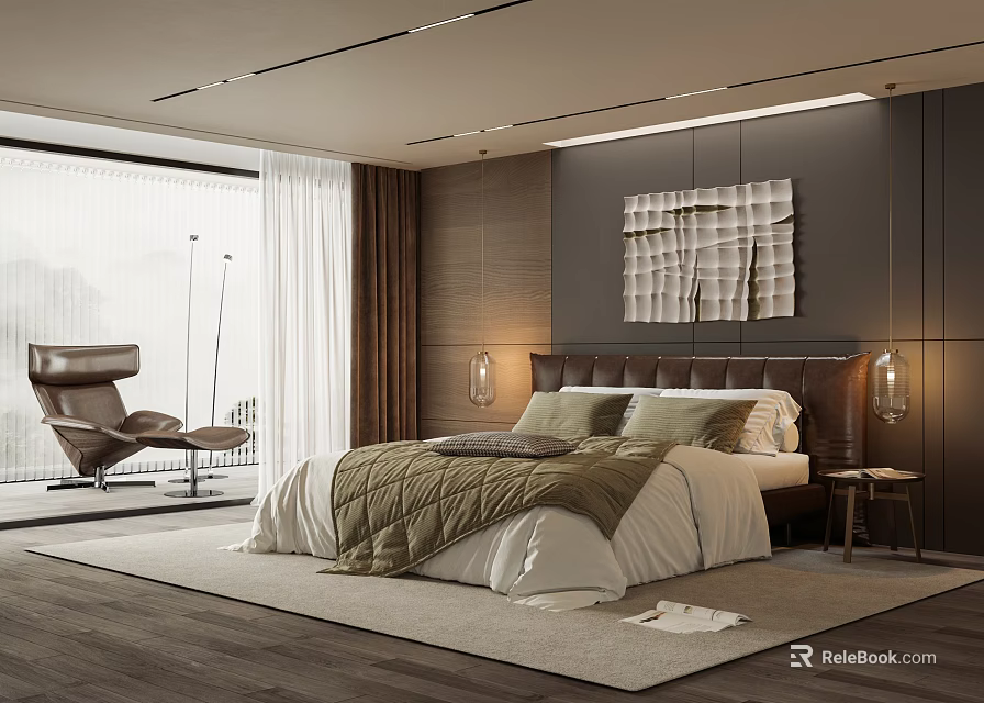 Modern Bedroom Interior Featuring Bed with Headboard Pillows Quilt Wall Art Chair and Window Curtains 3d model 